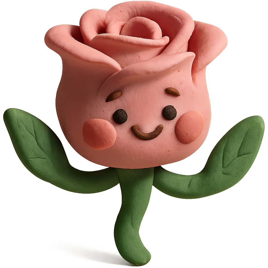 adorable claymation rose character, pastel pink, puffed cheeks, green leaf arms, playful expression, soft clay texture emoji