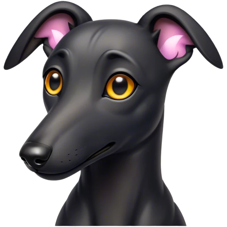 Cinematic Cute Black Greyhound Portrait Emoji, Head tilted playfully and inquisitively, featuring a smooth, shiny jet-black Fur and round, sparkling dark eyes filled with curiosity, Simplified yet irresistibly adorable features, highly detailed, glowing with a warm, friendly glow, high shine, affectionate and agile, stylized with a touch of whimsy, bright and endearing, soft glowing outline, capturing the essence of a mischievous yet loving racer, so playful it feels like it could dash out of the screen and into your arms! emoji