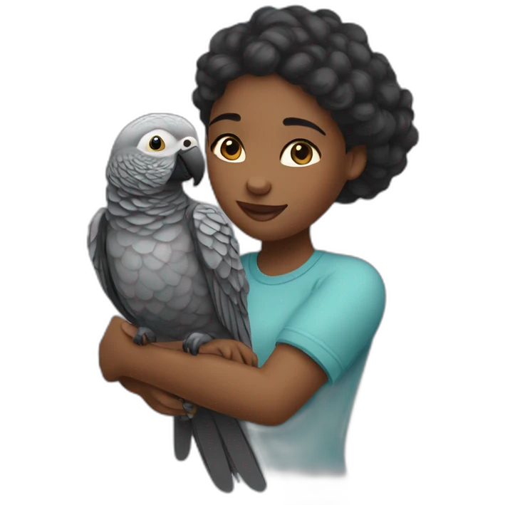 Black girl hugging an African grey parrot emoji