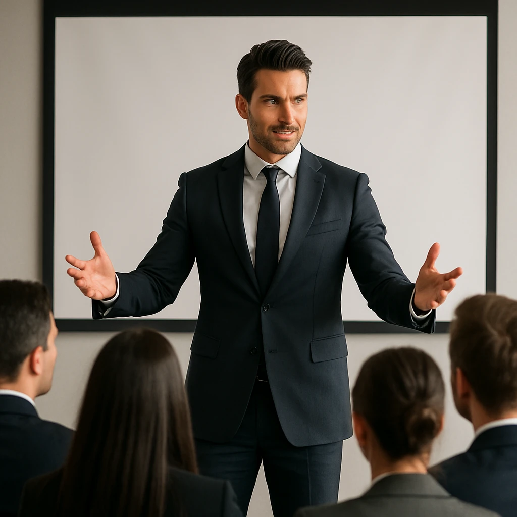 a dominant man giving a presentation in a business setting, charismatic, professional look, engaging and confident speaker emoji