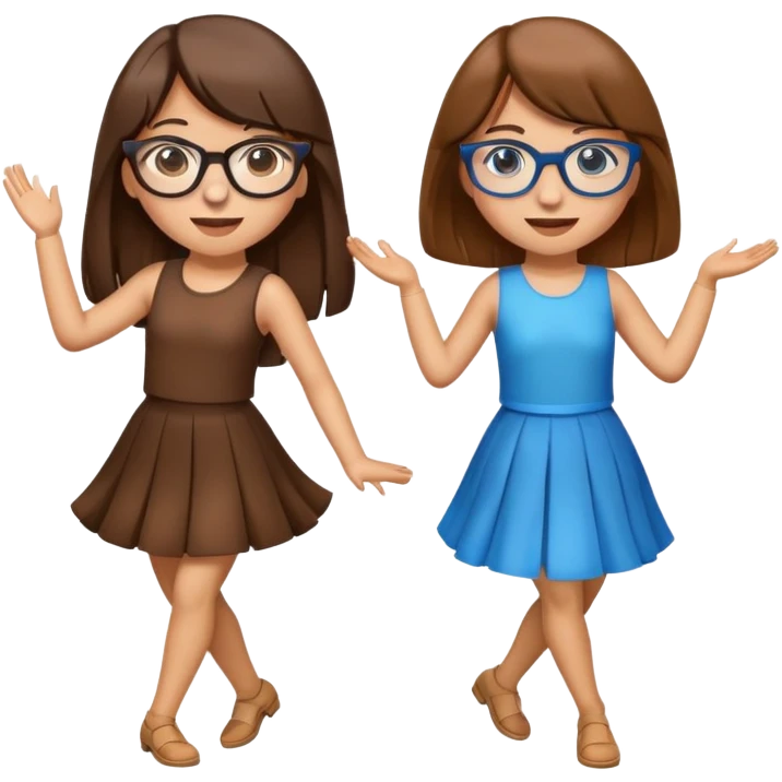 Two dancing girl emojis but one girl has long brown hair with bangs with blue eyes and glasses. And the other girl has long brown hair and brown eyes and tan skin.  emoji