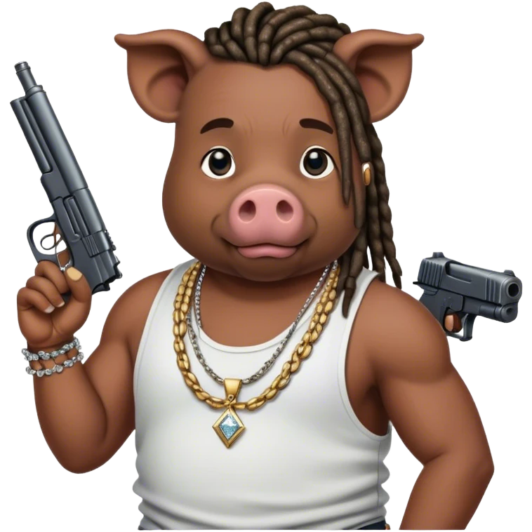 african-american race pig with dreads looking gangster with gun and tank top, with diamond blinging chain emoji