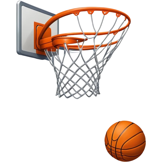 A close-up of a basketball shield and hoop with the ball swishing through the net, captured mid-air. The background emphasizes the tension and excitement of the moment, with the rim and net in sharp focus, showcasing the precision and skill of the sport. emoji
