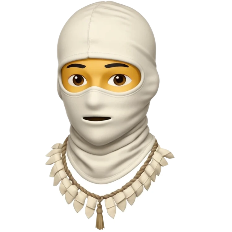 Ultra-detailed studio shot of a post-apocalyptic off-white balaclava — deconstructed, frayed, layered, with braided rope tassels and subtle embroidery. Minimalist white background, soft lighting, sharp focus. High-fashion streetwear aesthetic. The face of a person in a mask should not be visible emoji