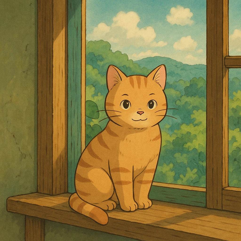 cute cat sitting on a windowsill, ghibli style emoji