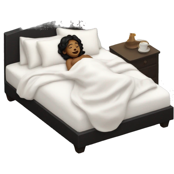 Sleeping woman laying with light brown skin and black hair laying on white pillow in large bed with black covers cozy emoji