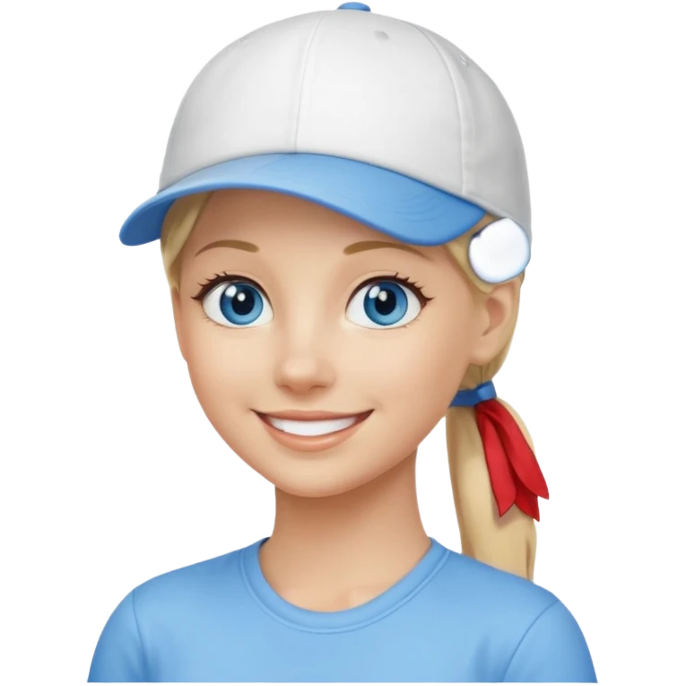blonde woman, blue eyes, pony tail, white cap emoji