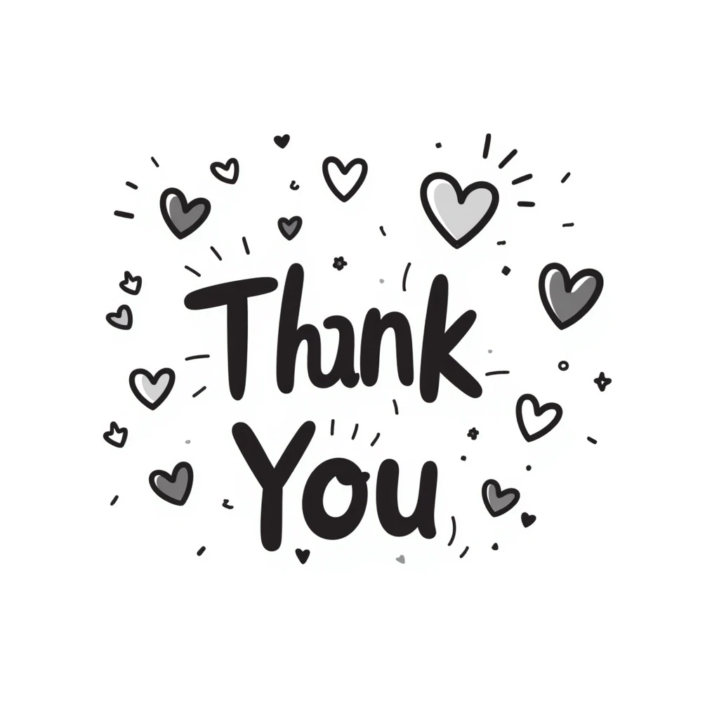 hand drawn 'Thank You' text with hearts and playful accents, doodle style emoji