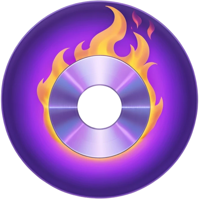A minimalist CD disc with a subtle fire design, purple flames emoji