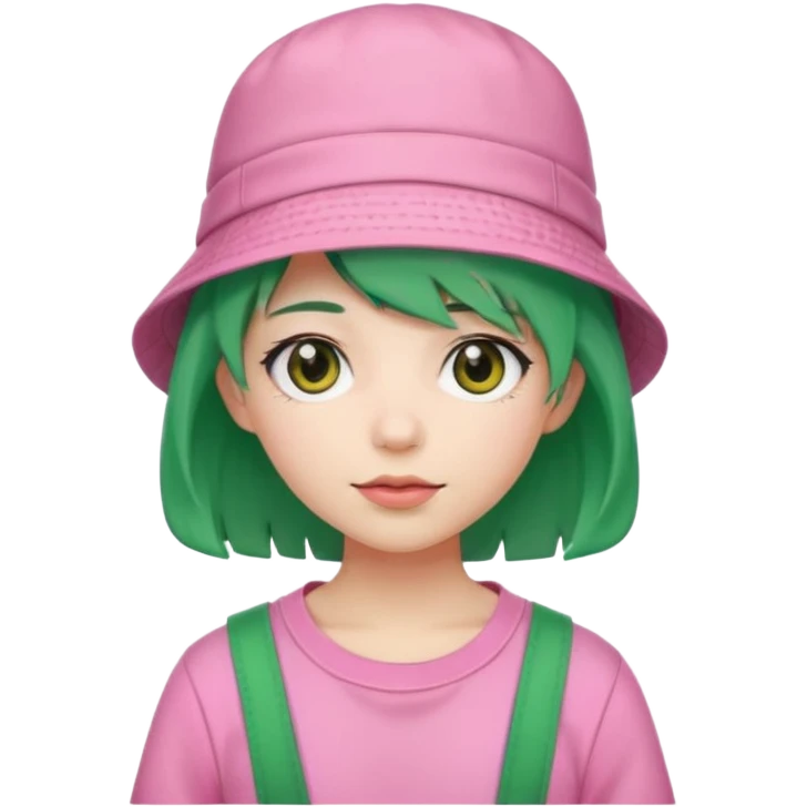 Stylish pink outfit with bucket hat, green hair emoji