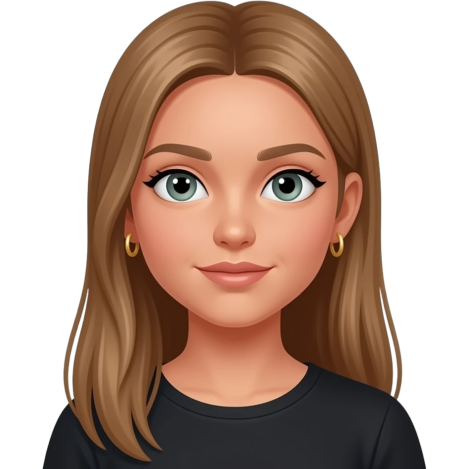 17 year old girl with very long very straight light brown hair, grey-green eyes, tan skin, two sets of small gold hoop earrings on each ear wearing a black top emoji