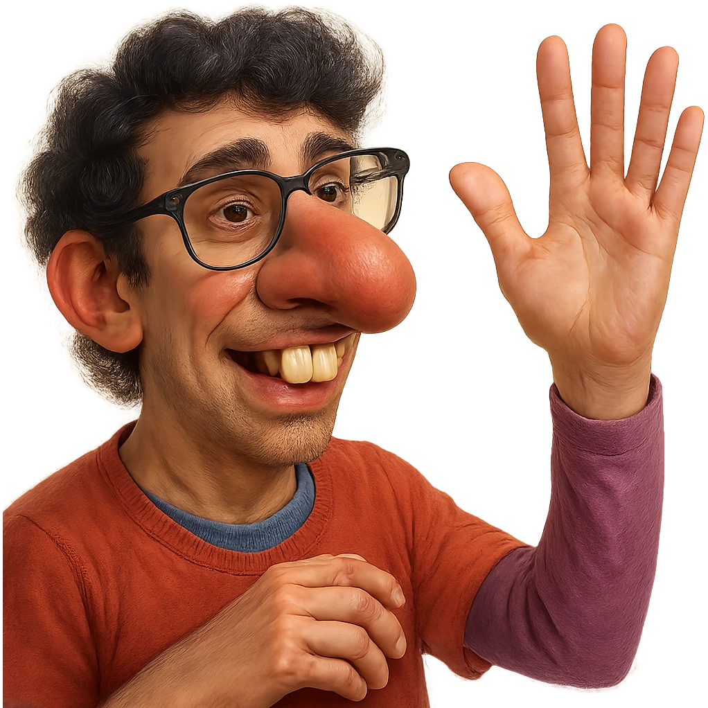 Make this character look like a nerd with an even bigger nose, buck teeth, glasses, and more realistic features. Keep the hand visible. Style should be semi-realistic, nerdy, expressive, with no background. emoji