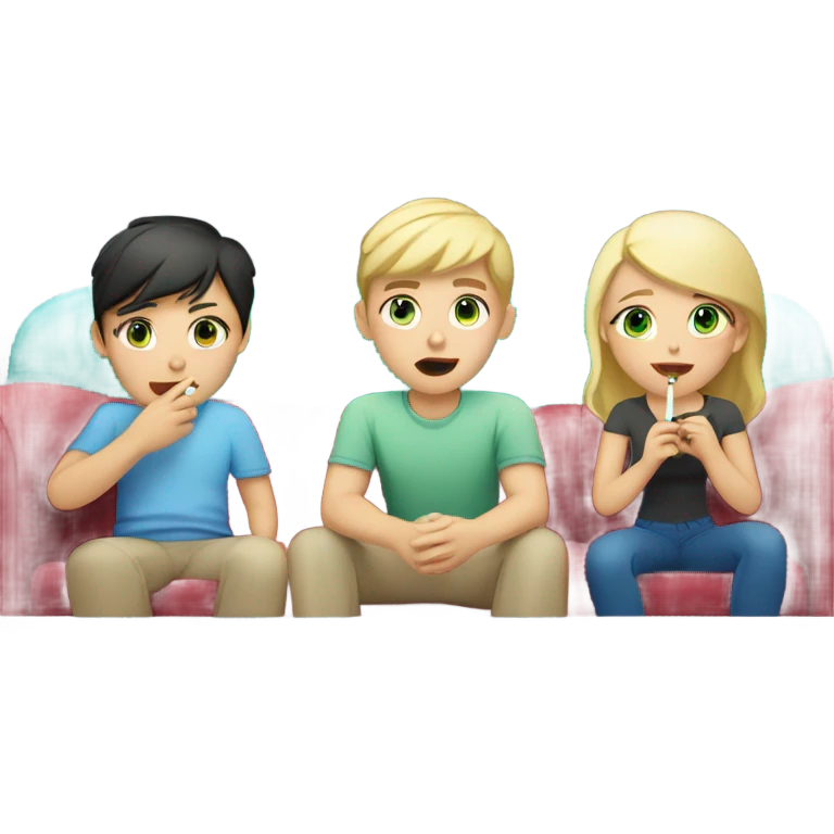 Brunette asian girl, blonde boy with blue eyes and a blonde girl with green eyes smoking whilst watching tv emoji