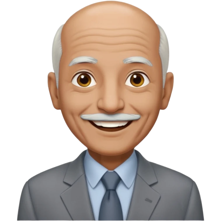 70 yr old man, almost bald, some white hair, pakistani, light grey business suit, big smile, dark skin, no facial hair
 emoji