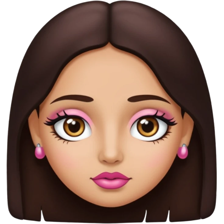 Gordita, ojos pequeños de color cafe oscuro, labios pequeños y rosados, piel trigueña, orejas pequeñas, cabello largo lazio y negro, pequeña. cuerpo completo emoji