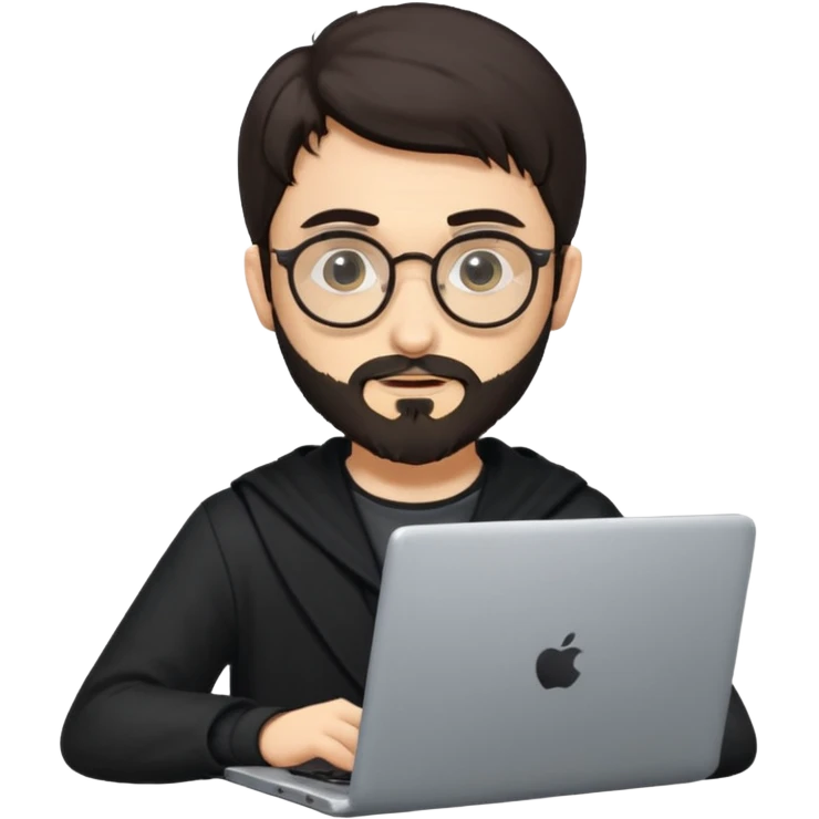 23 year old Azerbaijani man with very dark brown hair and beard with glasses and laptop , light yellow skin face, not European, glasses like a harry potter emoji
