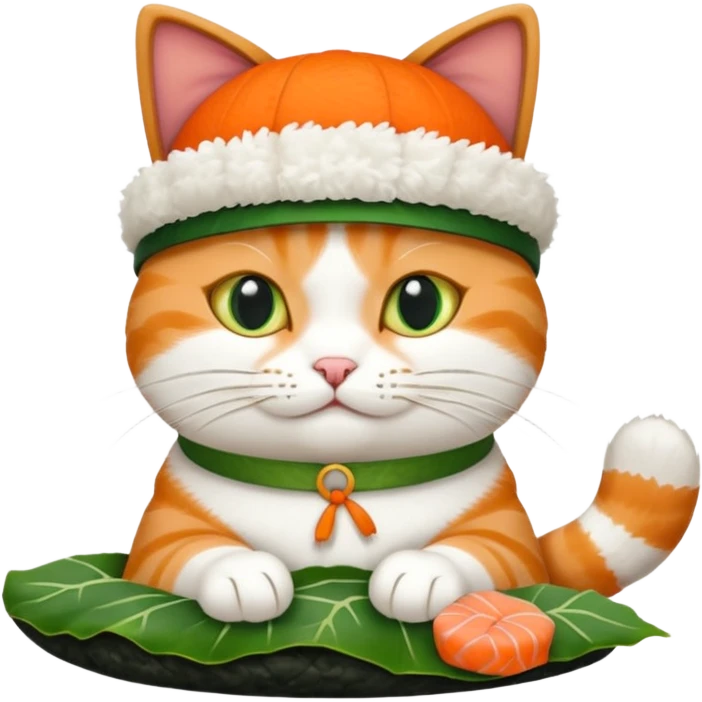 cat with its paws crossed wearing a hat made out of sushi emoji