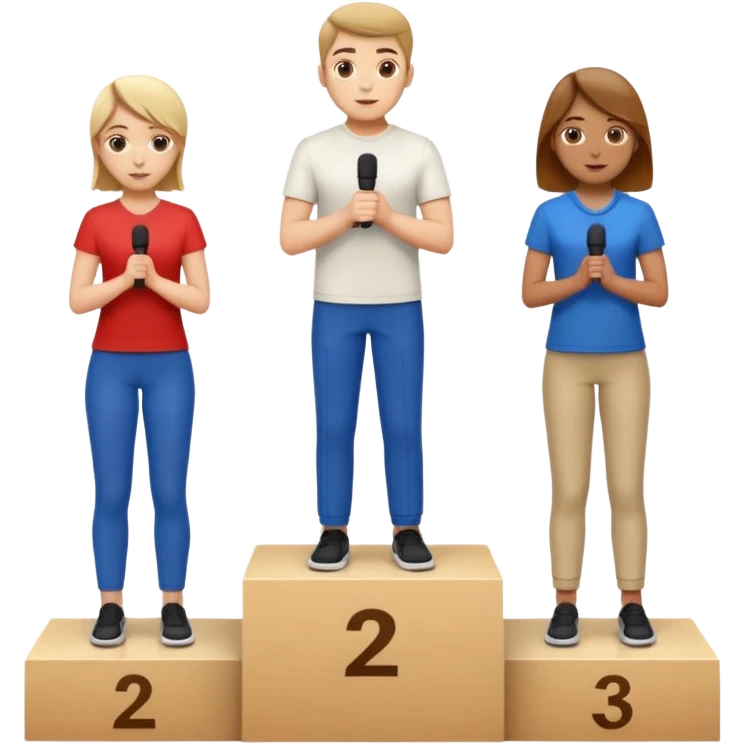 show people on podium in second, first then third position.  The podium should be labeled 2, 1, 3. The middle position should only have the number 1.  the people should be dressed causally in regular relaxed clothes

 emoji