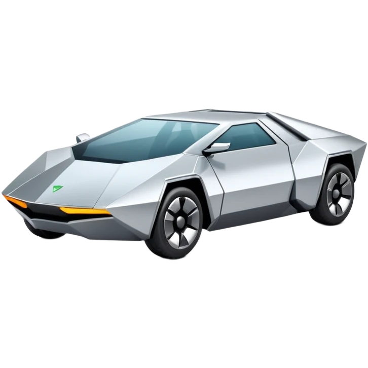 A futuristic chrome car emoji, sharp geometric body design inspired by cybertruck aesthetics, smooth silver metallic surface, matte and glossy chrome mix, minimal details, soft reflections, clean edges, iOS emoji style, centered, clean white background, soft studio lighting, no text emoji