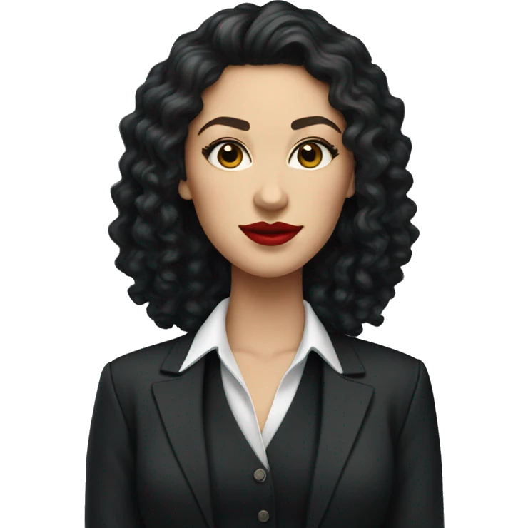 corporate white woman, red lipstick, long black curly hair, black shirt, black blazer  emoji