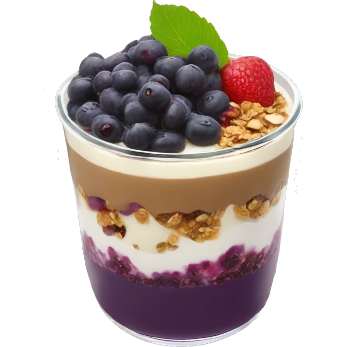 Açaí in a clear cup with layers of fruits and granola and condensed milk emoji