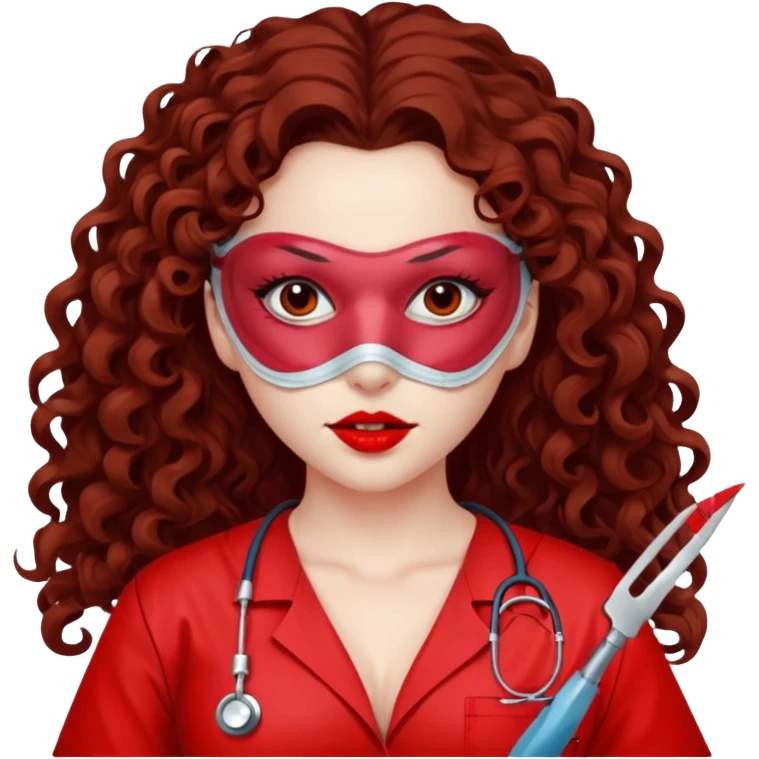 Lilith symbol seductress long curly hair evil surgeon.  brown hair. Red surgical mask.  covering. She works for cartel and kills  with a scalpel. Sexy surgeon outfit emoji
