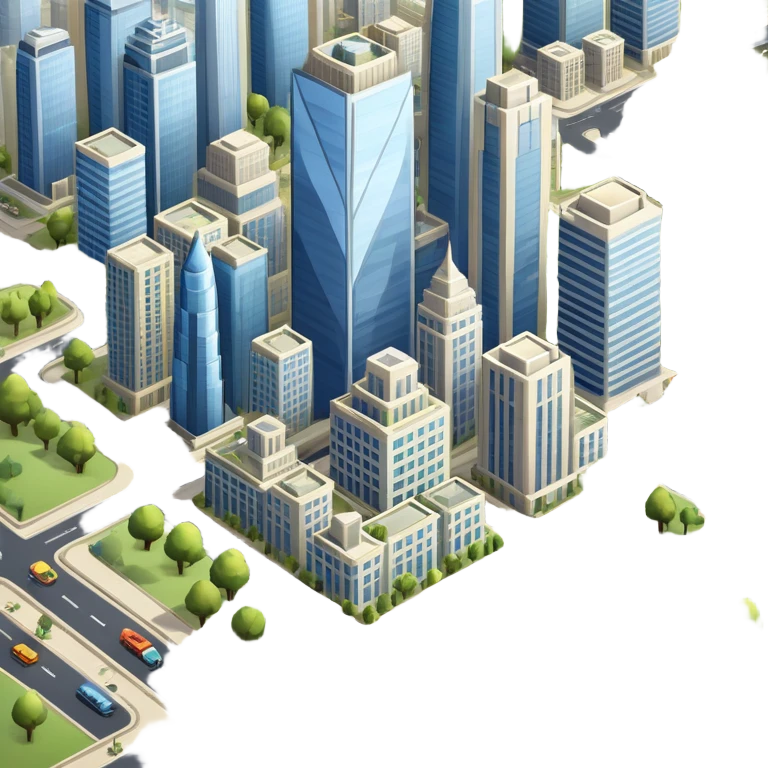An icon showing a city-building game interface, inspired by Sim City. The design features a bustling city with roads, skyscrapers, and parks, with buildings being constructed and managed. The game’s interface, with stats and controls, is visible at the top. Transparent background. emoji