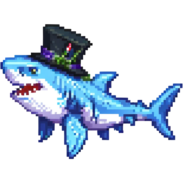 pixel art shark with a black tophat, side view emoji