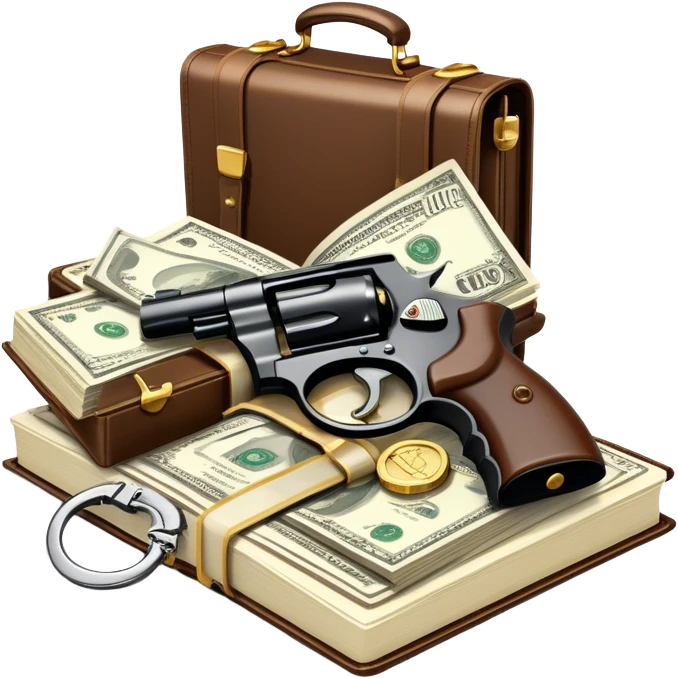 Icon for Action & Crime Reading: open book, with a silhouette of a gun, a bag of money, and a police badge on the pages. Surrounding elements include a pair of handcuffs, a briefcase, and scattered bullet casings. Transparent background. emoji