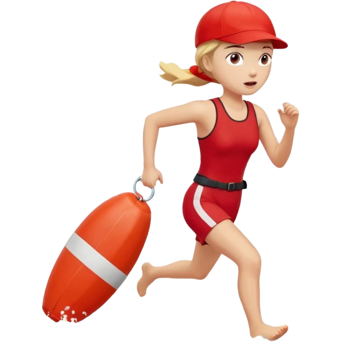 Female lifeguard – red cap, running along shore with rescue buoy emoji