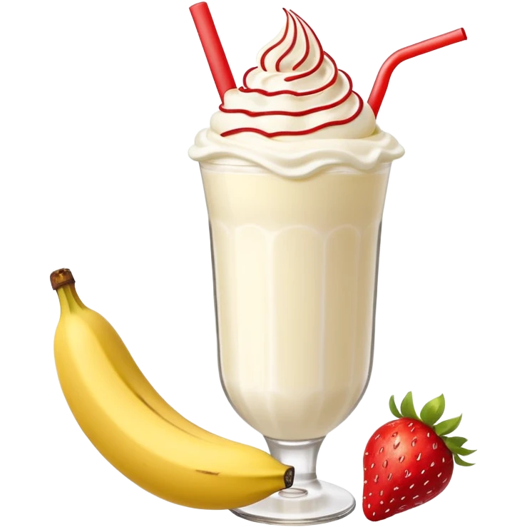 Milkshake vanilla with a banana sticking out of the milk shake it and two strawberries on both sides of the banana at the very tip of the banana, whipped cream and a smiley face one big banana coming out of milk shake emoji