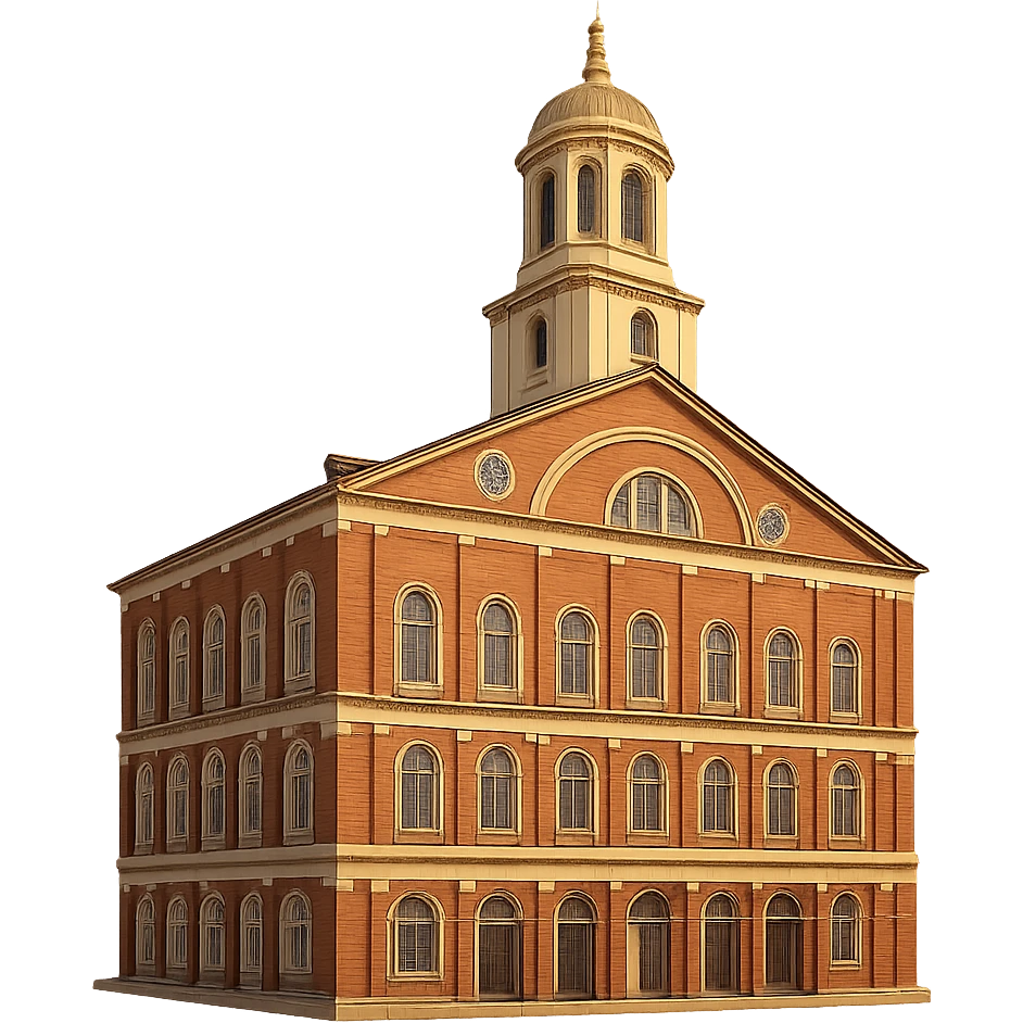 cinematic, realistic emoji of historical Faneuil Hall in Boston, featuring majestic, ornate architecture, lifelike detail, bright lighting, and accurate colors, with a transparent background emoji