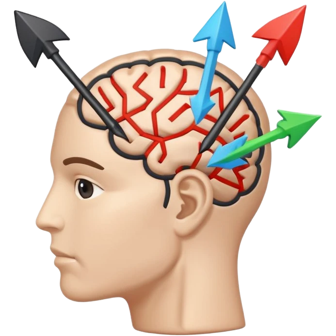 Minimalistic flat vector icon, iOS style, thin black contour on white background. Human head with brain and arrows showing thought change. No text, no shadows. emoji