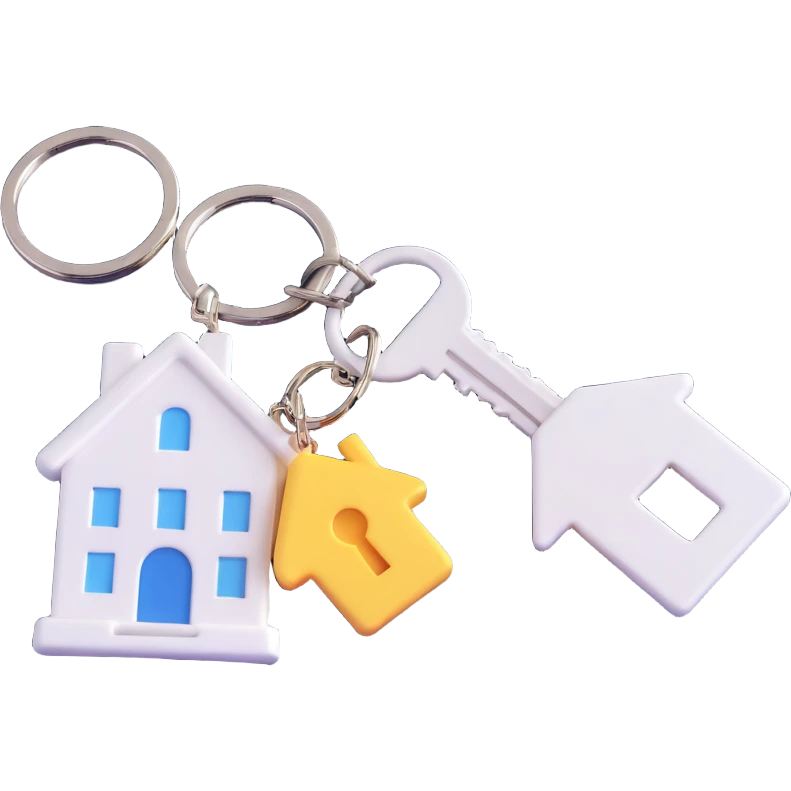 side view of a pair of white keys on a ring with a white house-shaped keychain, 3D Emoji style, soft shadows and highlights, no decoration, transparent background emoji