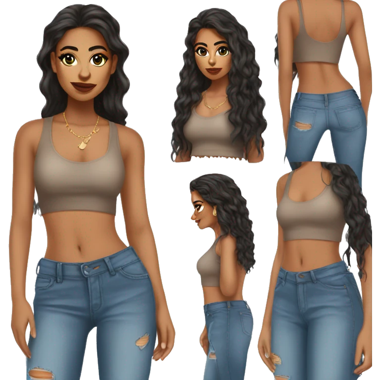 Latina with crop top ripped bootcut jeans and makeup emoji