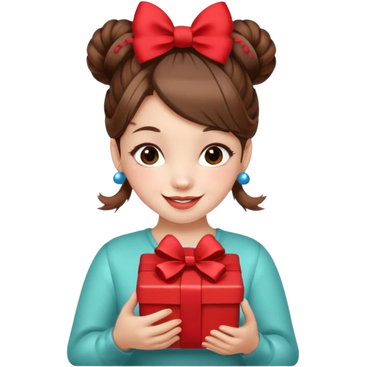 A cheerful young girl with brown hair styled in two playful buns adorned with red bows is winking and smiling.  In her hands, she holds a small decorated  emoji