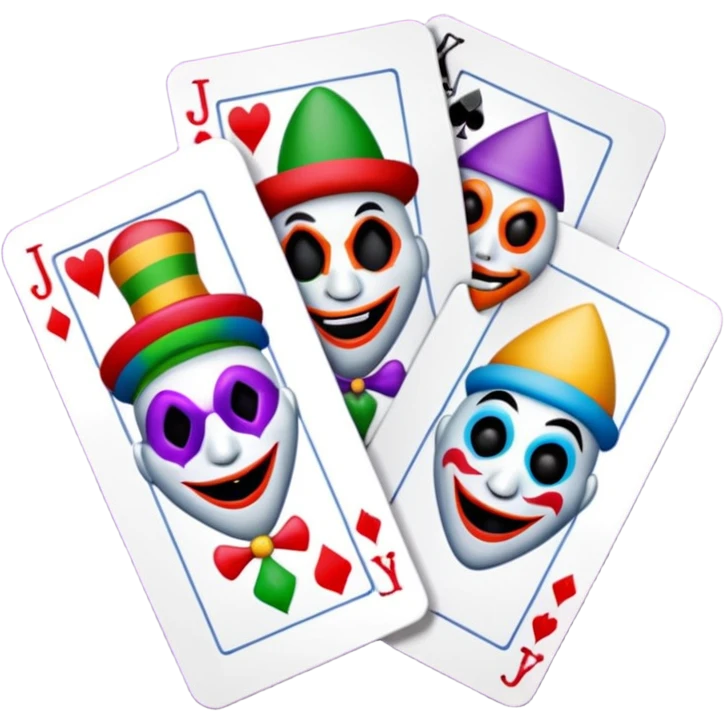 bunch of 3 poker cards, with crazy colorful human jolly jokers inside, inversed face emoji