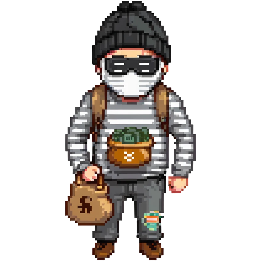 burglar with black and white striped shirt, black beanie, black mask over eyes, holding a moneybag emoji