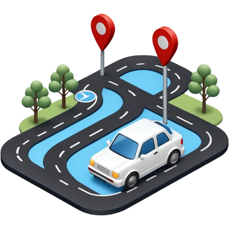 
A 3D minimal icon showing a street route to a destination, with a blue road, white and black vehicles, and small red accents for alerts. The style is clean, minimal 3D, with a transparent background. emoji