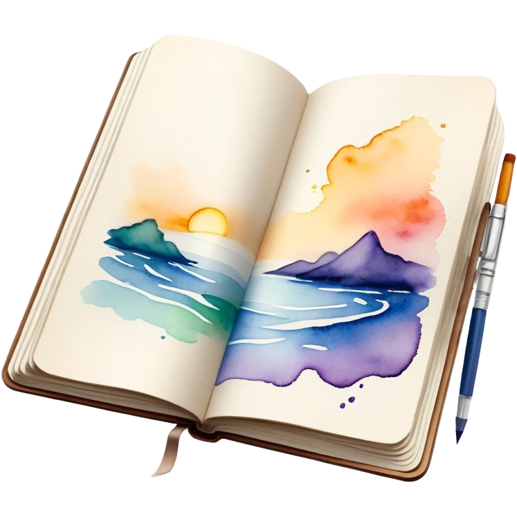 Cinematic Realistic image of an open sketchbook accompanied by a set of translucent watercolors, with delicate pigment stains and soft, flowing brushstrokes, captured under gentle, diffused lighting that highlights creative fluidity emoji