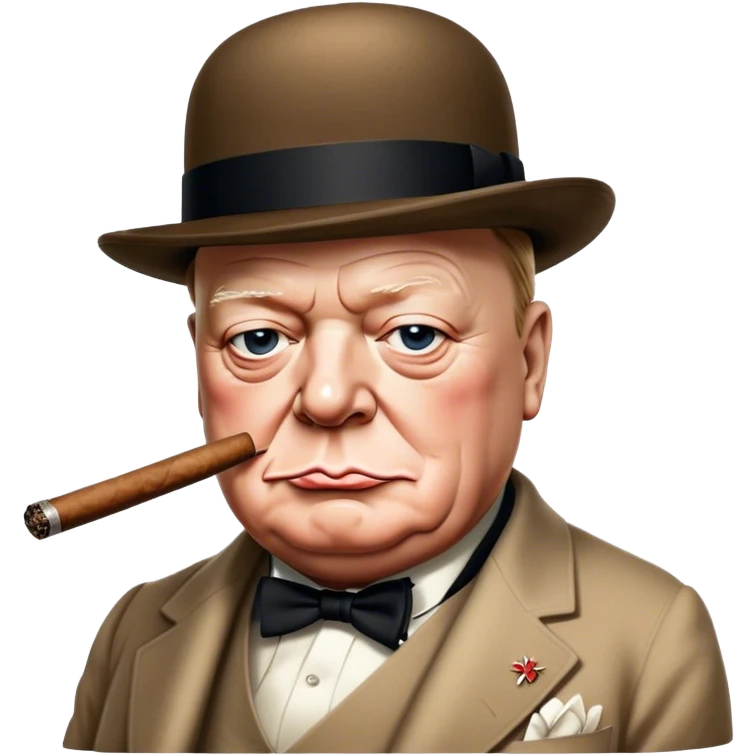 Cinematic Realistic Winston Churchill Portrait Emoji, depicted as a resolute British statesman with a signature bowler hat and a cigar, exuding determined leadership and wartime valor, rendered with lifelike textures and dramatic vintage lighting that captures his iconic British spirit. emoji