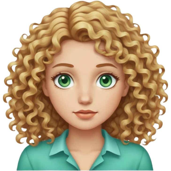 Generate a woman with light brown curly hair with a blonde chunk at the front with sea green eyes emoji