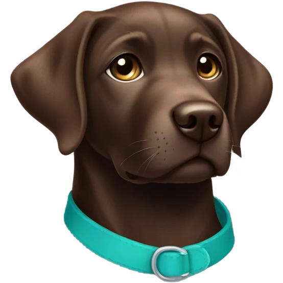 Chocolate labrador cute puppy with small white patch of fur on chest and teal collar emoji