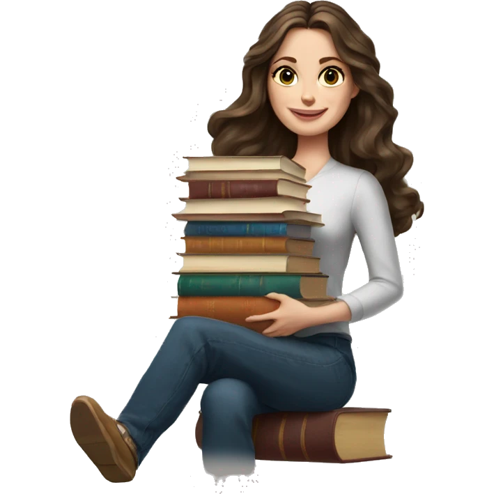 white woman brunette long wavy hair highlights woman while holding large stack of books emoji
