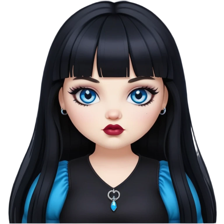 pretty alternativ gothic bratz girl, big plus size, black long hair, bangs, blue eyes, white skin emoji
