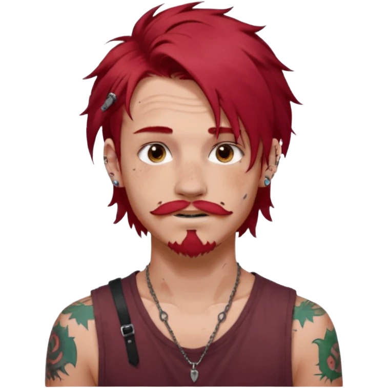 generate an ios genmoji of a 20 year old boy with shoulder length hair messy very messy dyed red hair. ear piercings. a lot of tattoos. and a faint stubble mustache emoji
