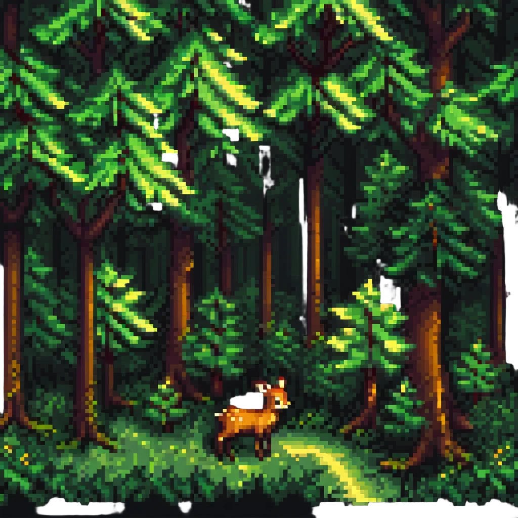 Add a pixel art forest background with trees and sunlight behind Bambi, consistent with pixel art style. emoji