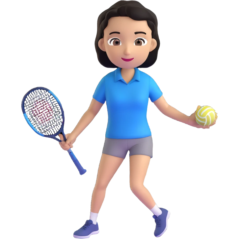 light brown skinned tennis coach, short straight black hair with widow's peak, oval face, small eyes, smiling, holding blue Yonex racket, wearing navy blue dry fit shirt emoji