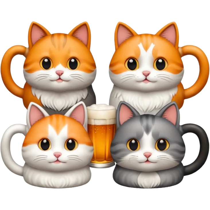 four happy cats drinking beers together with mugs emoji