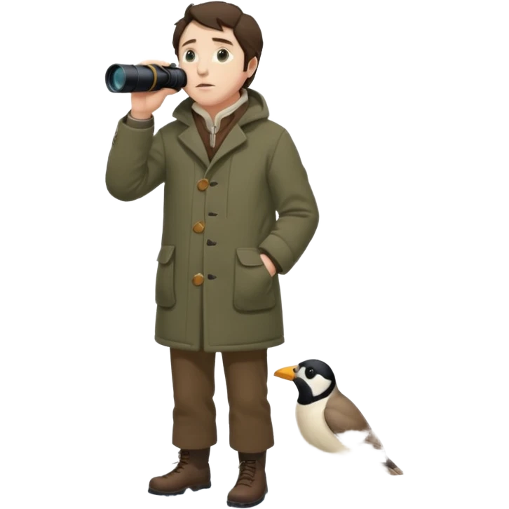 henry David thoreau full body looking up  birdwatching with binoculars in snow emoji